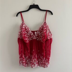 Cacique Camisole Red Lace Floral Embroidered Babydoll Sheer Sexy Womens 26/28